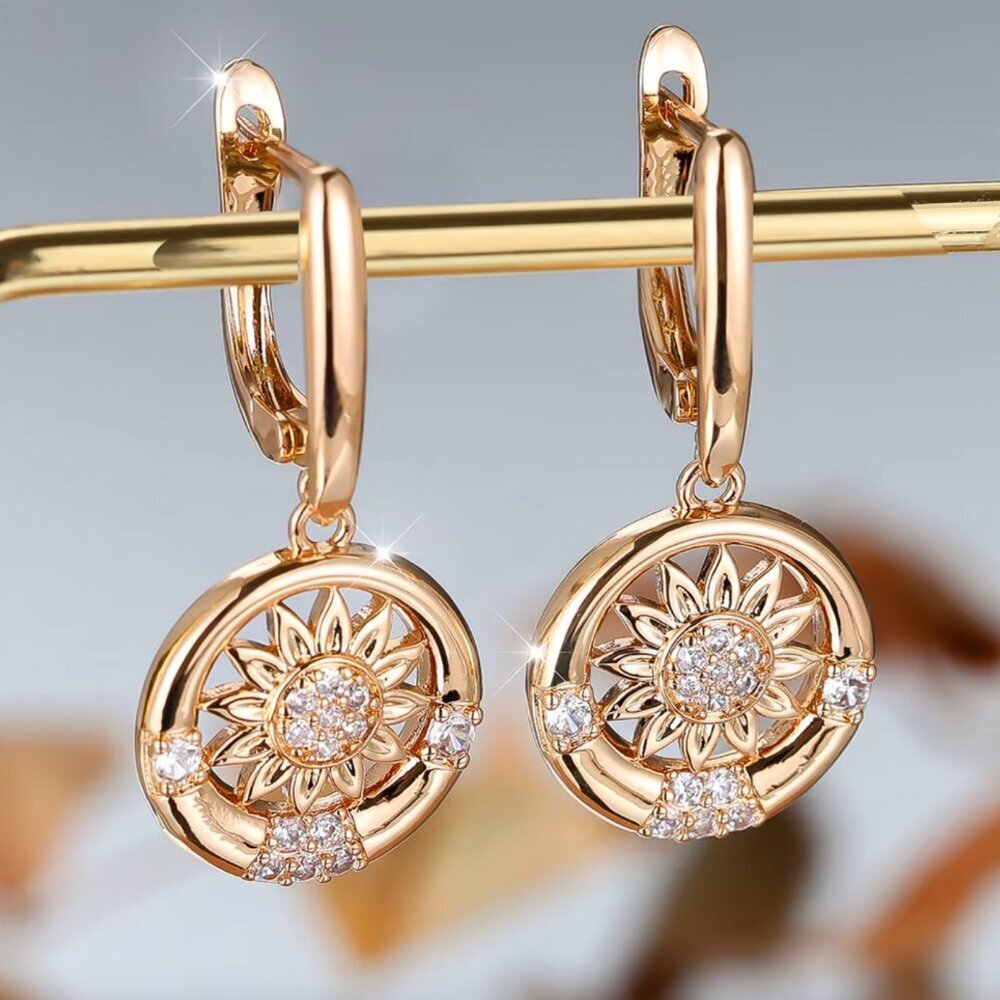 NEW 18k Yellow Gold Sunburst Earrings Diamond Hoop Earrings Boho Dangle Earrings